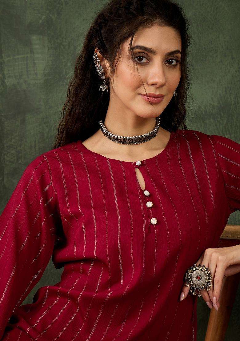 Maroon Striped Silk Straight Kurta Set - Indya