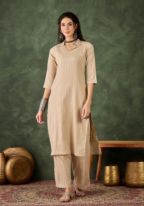 Cream Striped Silk Straight Kurta Set