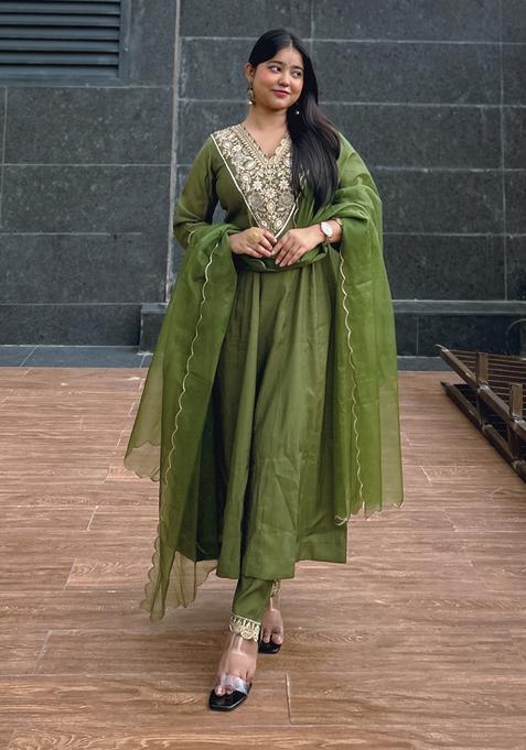 Mehendi Embroidered Silk Pakistani Suit Set — view on Indya