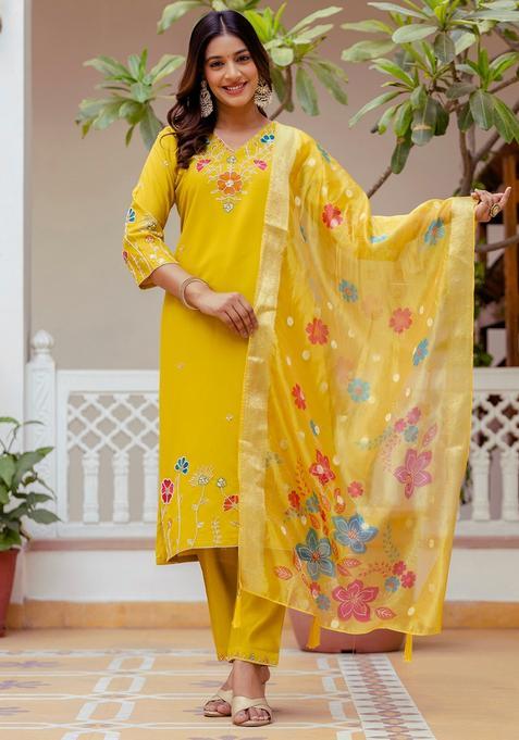 Yellow Embroidered Silk Straight Kurta Set