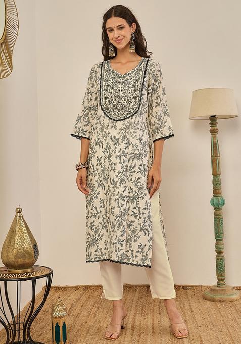 Cream Embroidered Silk Straight Kurta Set