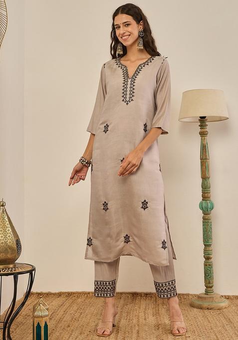 Teal Embroidered Silk Straight Kurta Set