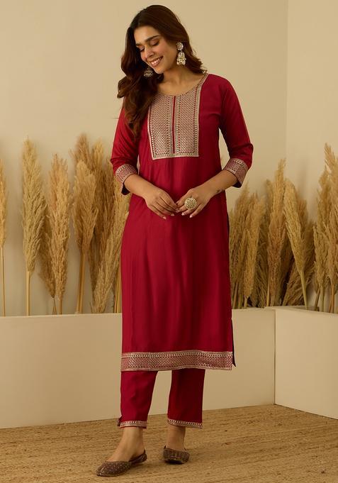 Red Embroidered Viscose Straight Kurta Set
