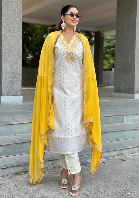 White Embroidered Silk Straight Kurta Set