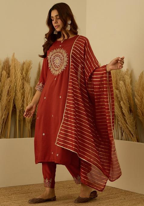 Peach Embroidered Silk Straight Kurta Set