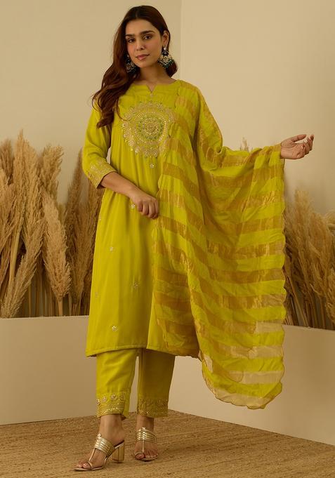 Lemon Embroidered Silk Straight Kurta Set