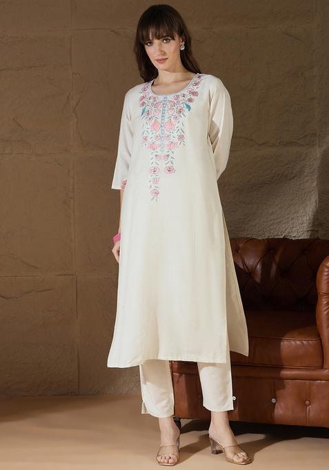 White Embroidered Cotton Straight Kurta Set