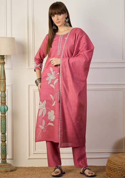 Pink Embroidered Silk Straight Kurta Set