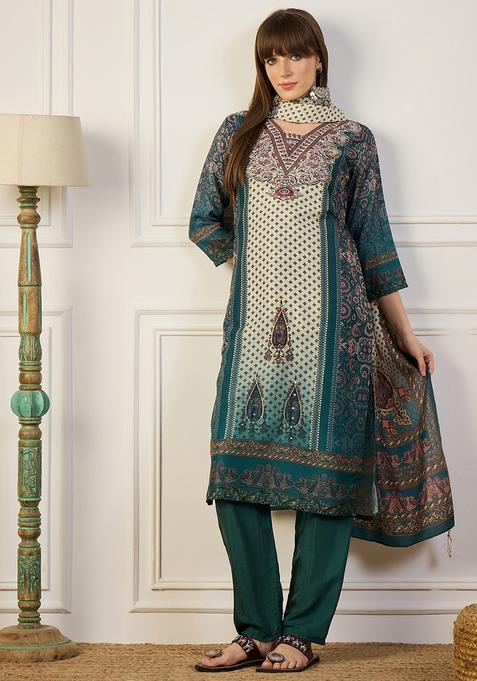 Teal Printed Silk Pakistani Suit Set
