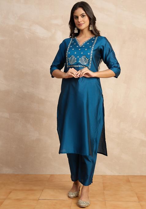 Teal Embroidered Silk Straight Kurta Set