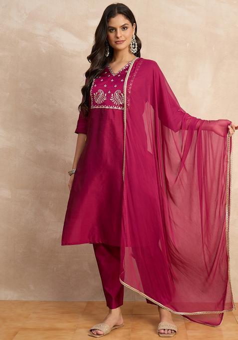 Purple Embroidered Silk Straight Kurta Set