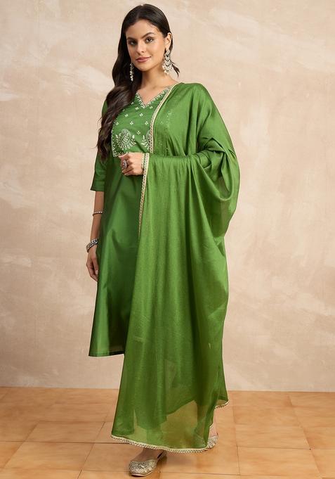 Light Green Embroidered Silk Anarkali Set