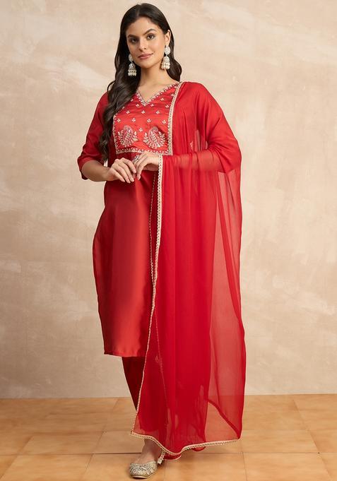 Red Embroidered Silk Straight Kurta Set