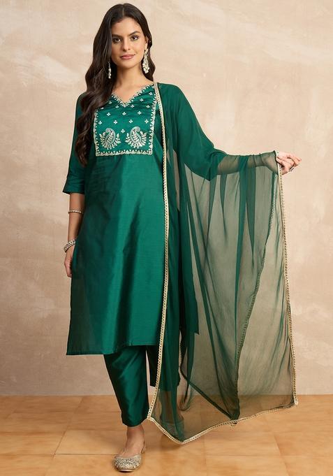 Dark Green Embroidered Silk Pakistani Suit Set