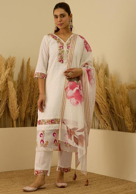 Off White Embroidered Cotton Straight Kurta Set