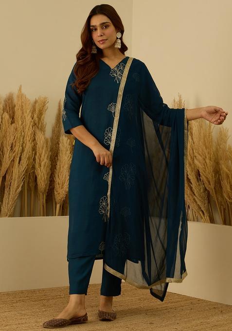 Teal Embroidered Silk Straight Kurta Set