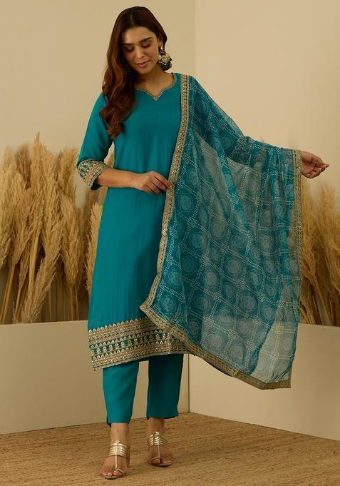 Rama Embroidered Silk Straight Kurta Set