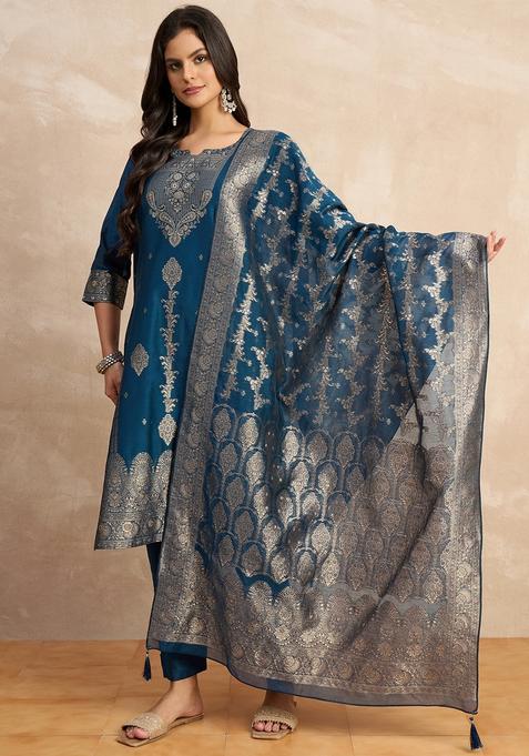 Teal Blue Embroidered Silk Straight Kurta Set