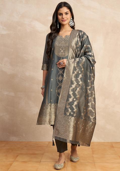 Grey Embroidered Silk Straight Kurta Set