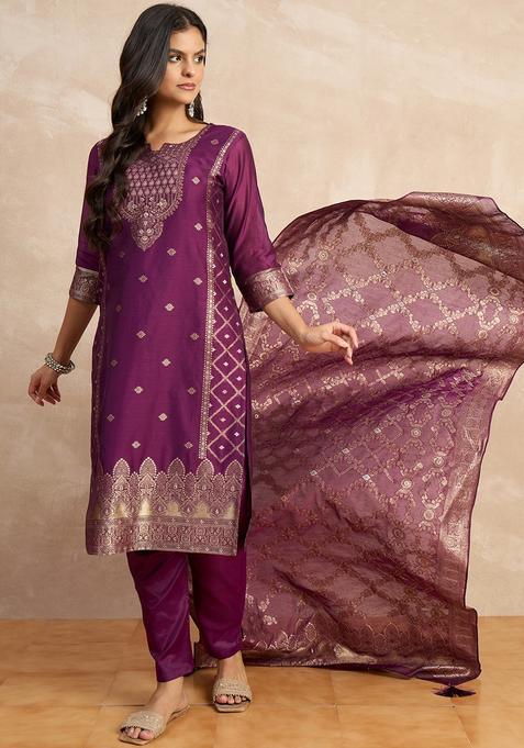 Purple Zari Work Silk Straight Kurta Set