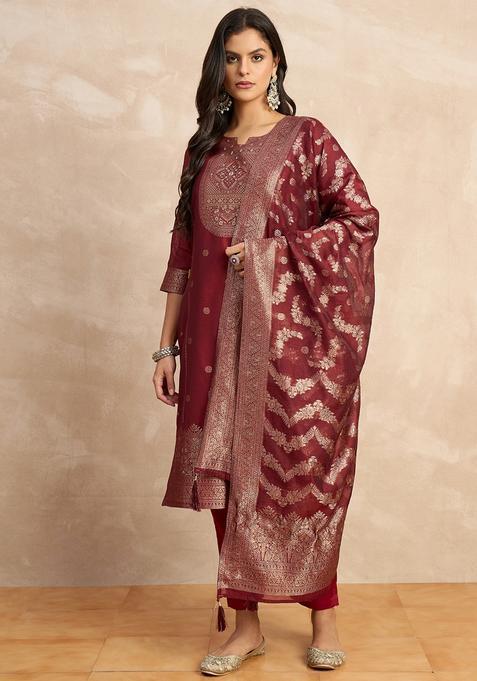 Red Embroidered Silk Straight Kurta Set