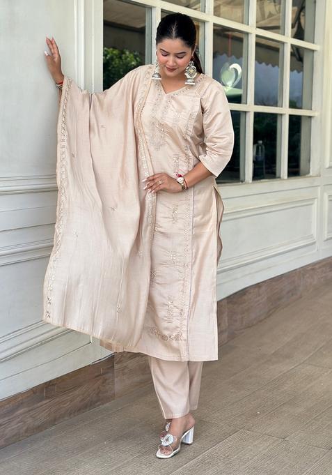 Beige Embroidered Silk Straight Kurta Set