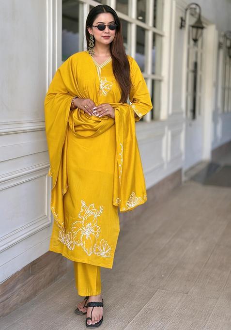 Yellow Embroidered Silk Straight Kurta Set