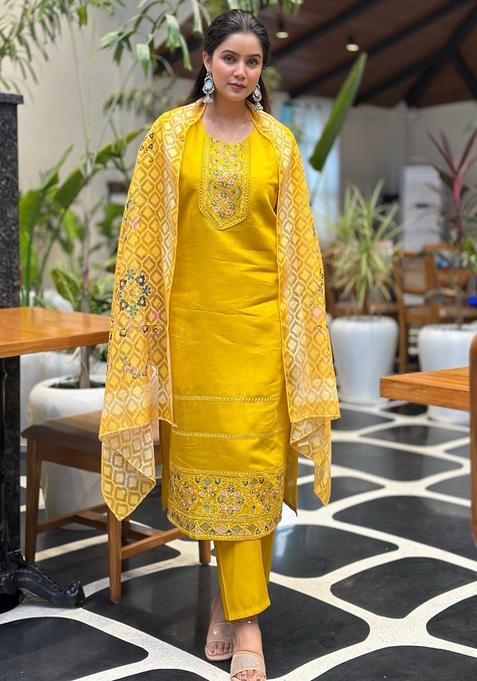 Yellow Embroidered Silk Straight Kurta Set
