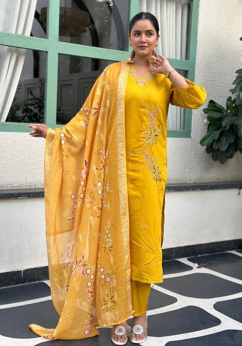 Yellow Embroidered Silk Straight Kurta Set