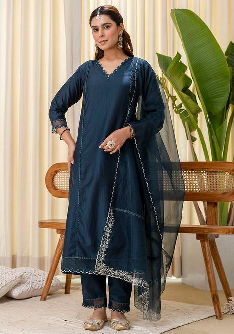 Teal Embroidered Silk Straight Kurta Set