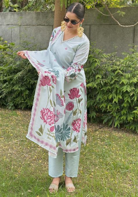 Sky Blue Floral Print Silk Straight Kurta Set