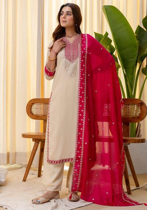 Cream Embroidered Silk Pakistani Suit Set