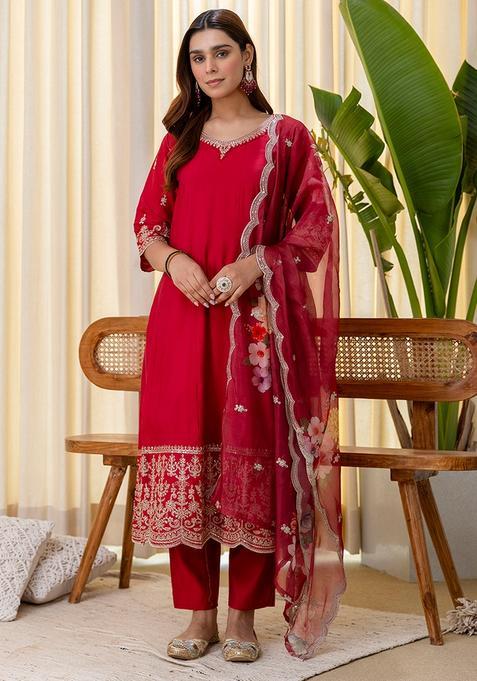 Cherry Red Embroidered Silk Straight Kurta Set