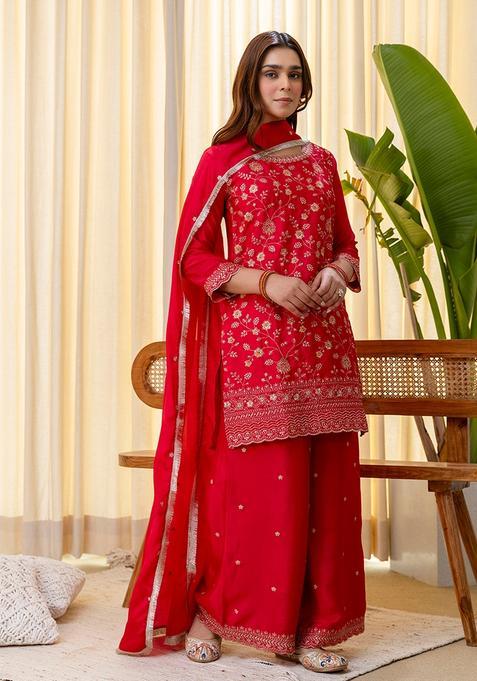 Rani Pink Embroidered Silk Sharara Set