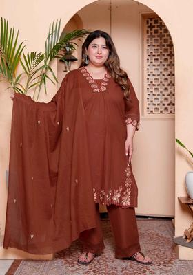 Rust Embroidery Cotton Kurta Set