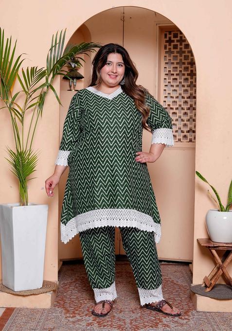 Green Zig Zag Print Rayon Kurta Set