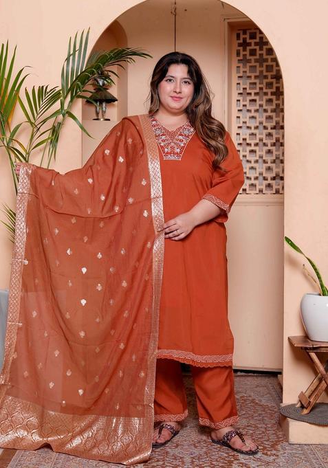 Rust Embroidery Silk Kurta Set