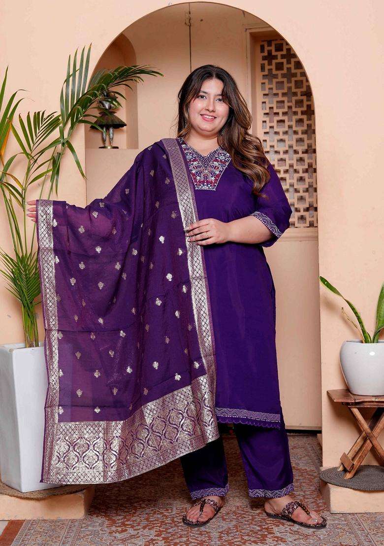 Purple Embroidery Silk Blend Kurta Set - Indya