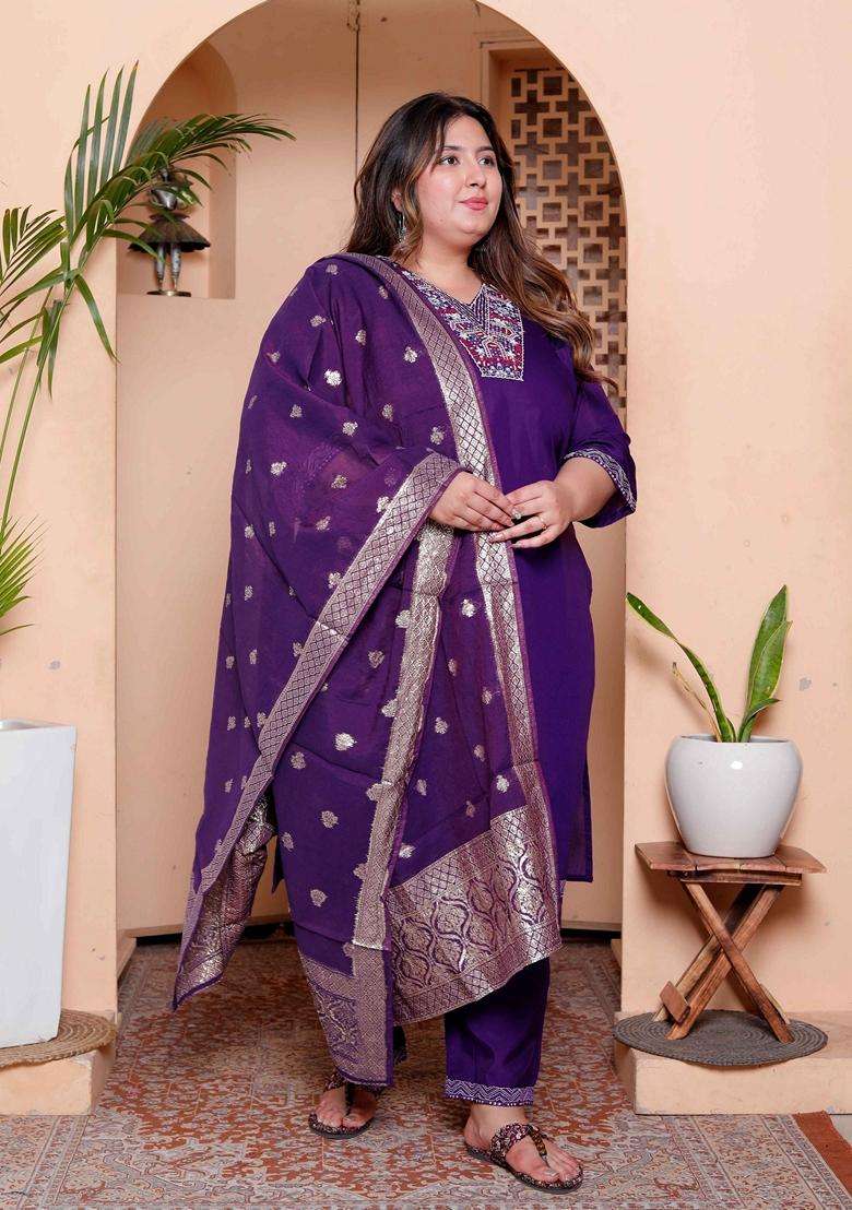 Purple Embroidery Silk Blend Kurta Set - Indya