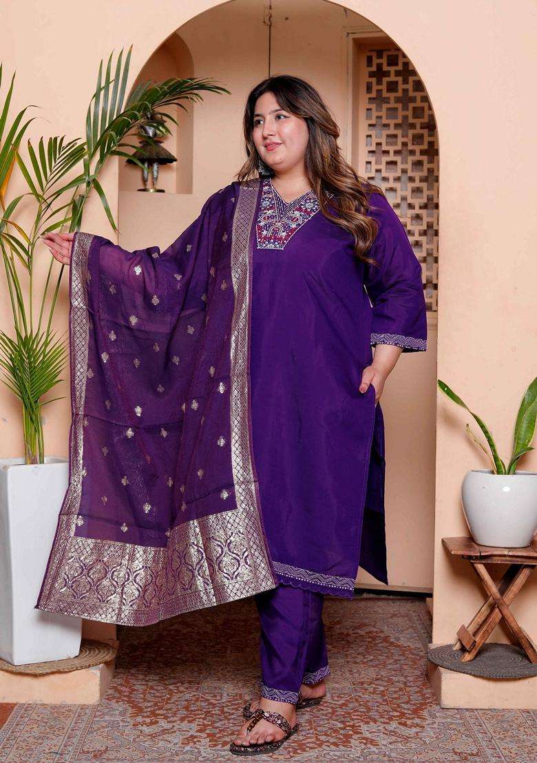 Purple Embroidery Silk Blend Kurta Set - Indya