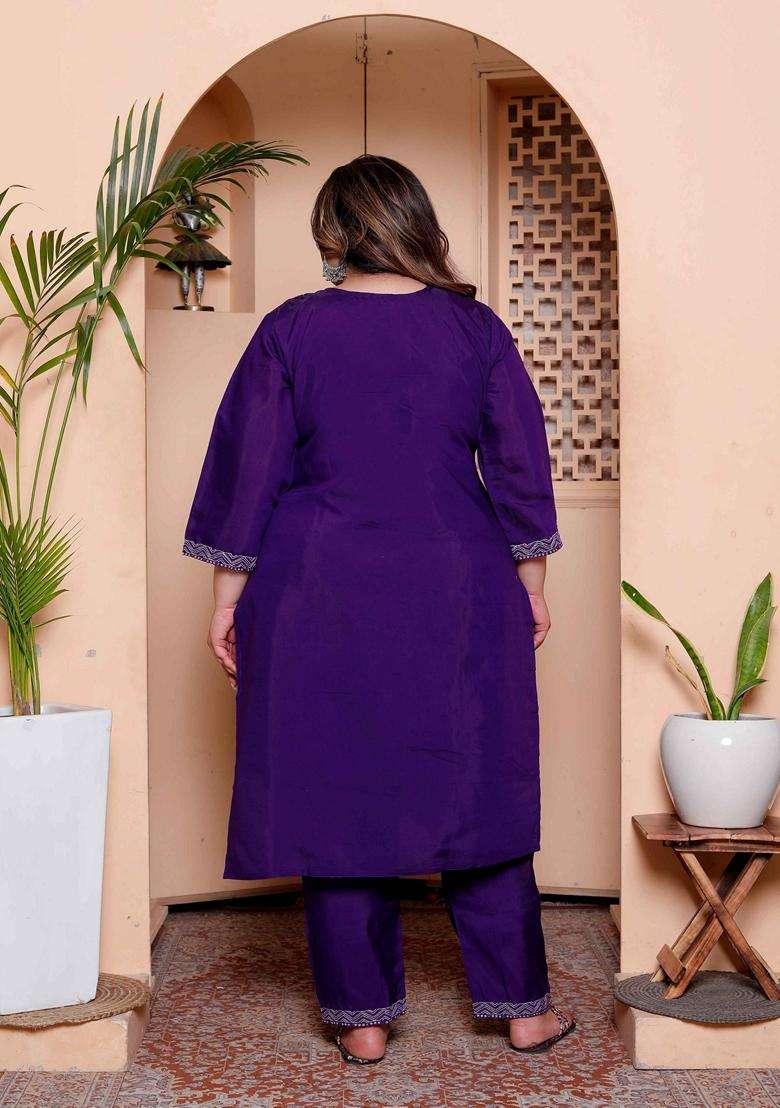Purple Embroidery Silk Blend Kurta Set - Indya