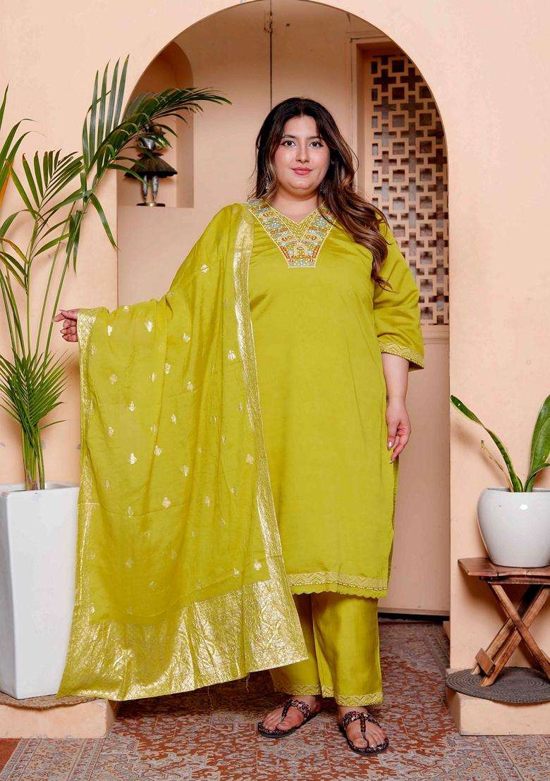 Yellow Embroidery Silk Blend Kurta Set - Indya