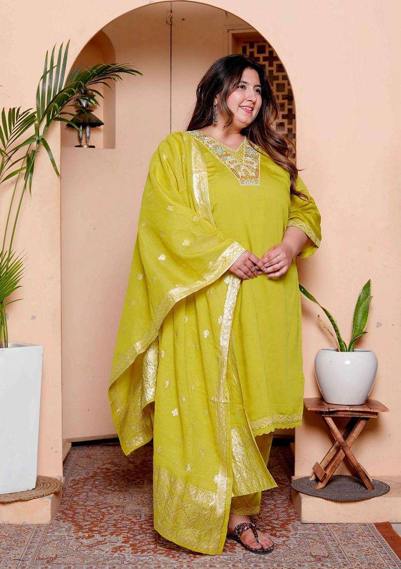 Yellow Embroidery Silk Blend Kurta Set - Indya