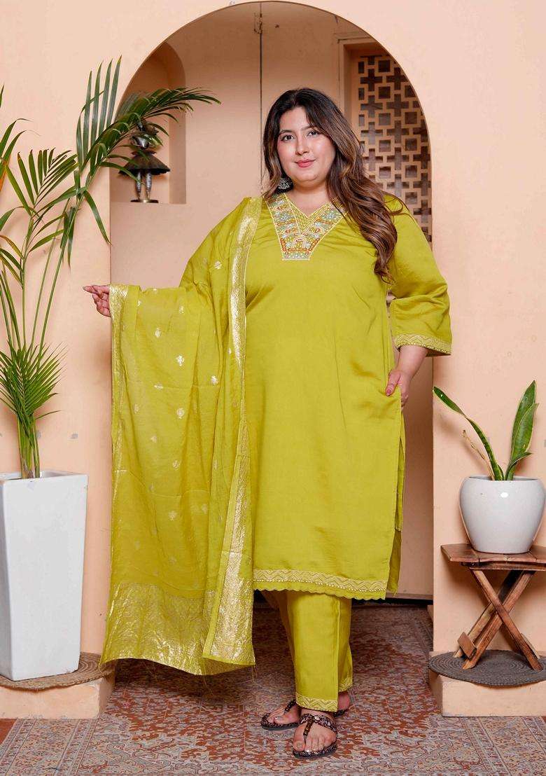 Yellow Embroidery Silk Blend Kurta Set - Indya