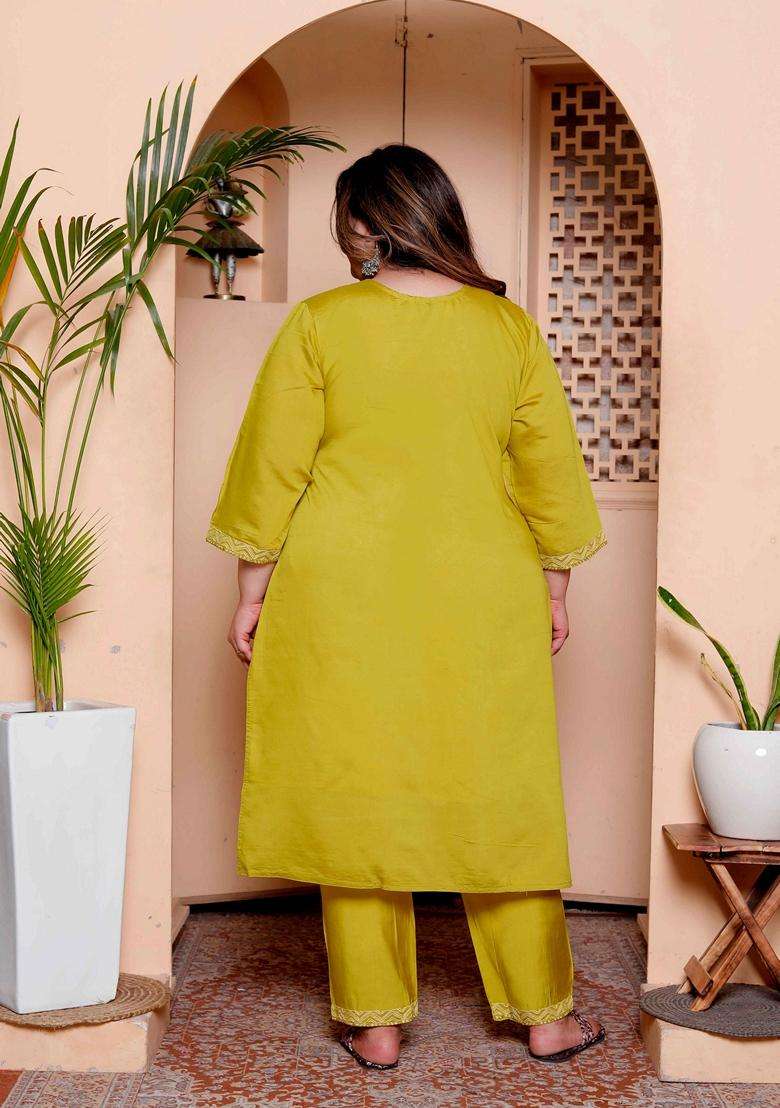Yellow Embroidery Silk Blend Kurta Set - Indya