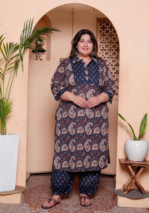 Blue Floral Print Cotton Kurta Set