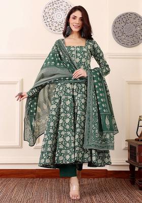 Deep Green Printed Viscose Anarkali Set