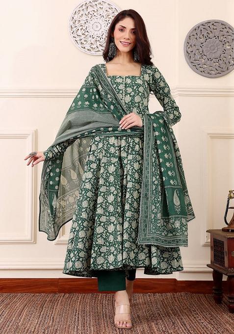 Deep Green Printed Viscose Anarkali Set