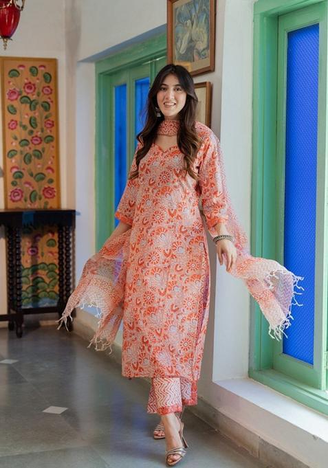 Orange Printed Viscose Straight Kurta Set