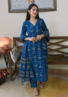 Blue Printed Viscose A Line Kurta Set